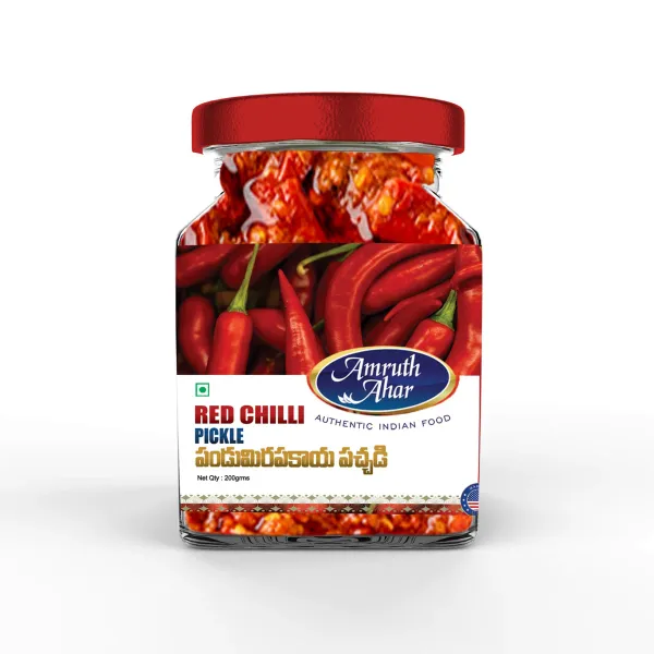 Amruth Ahar Red Chilli Pickle jar — packaging design by Chachir
