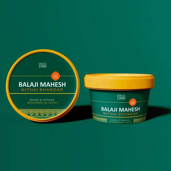 Balaji Mahesh Mithai Bhandar round tub — packaging design by Chachir