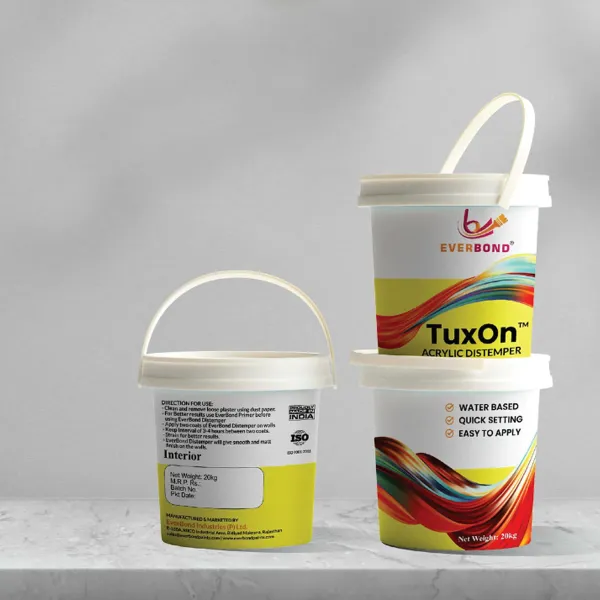 Everbond TuxOn acrylic distemper buckets — packaging design by Chachir
