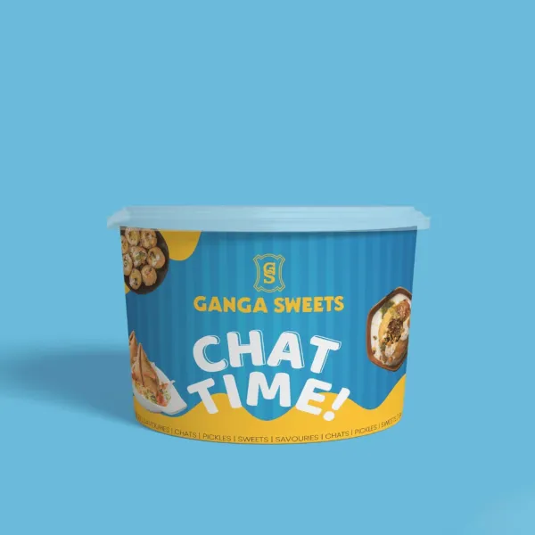 Ganga Sweets Chat Time tub — packaging design by Chachir