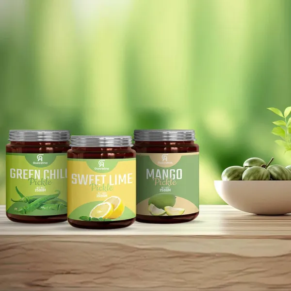 Green Chilli, Sweet Lime & Mango pickle jars — packaging design by Chachir