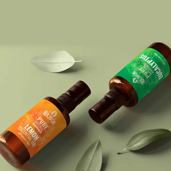 Lemon and Eucalyptus essential oil bottles — packaging design by Chachir