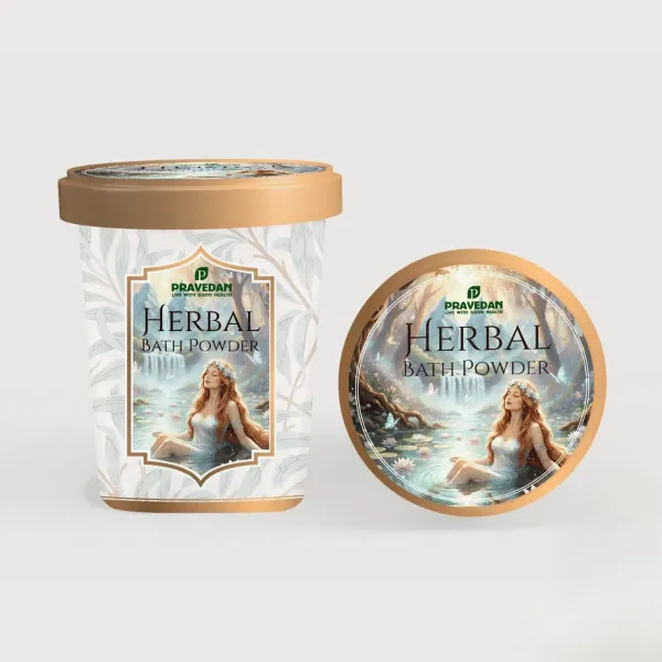 Pravedan Herbal Bath Powder tub (white) — packaging design by Chachir