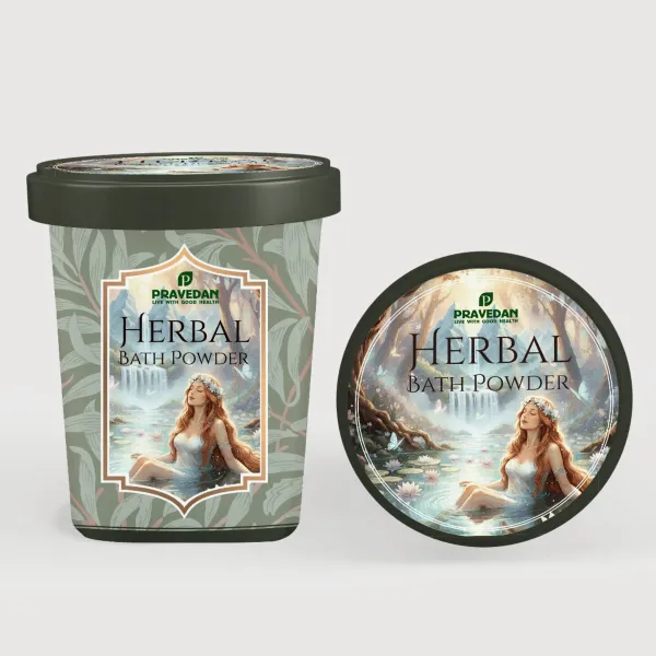 Pravedan Herbal Bath Powder tub — packaging design by Chachir