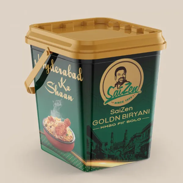 SaiZen Goldn Biryani bucket — packaging design by Chachir
