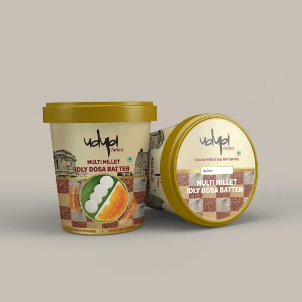 Udupi Caters Multi Millet Idly Dosa Batter tub — packaging design by Chachir