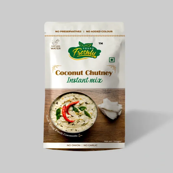 Yours Freshly Coconut Chutney instant mix — packaging design by Chachir