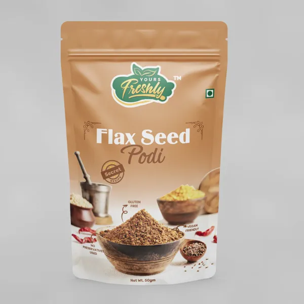 Yours Freshly Flax Seed Podi pouch — packaging design by Chachir