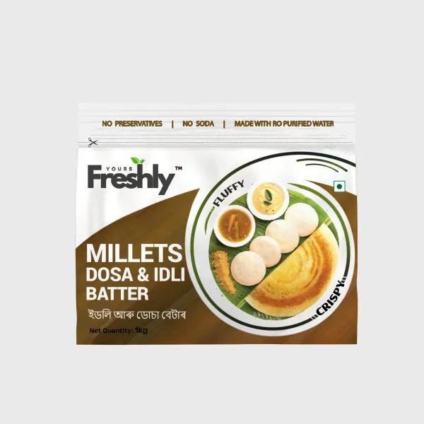 Yours Freshly Millets Dosa & Idli Batter pouch — packaging design by Chachir