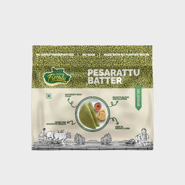 Yours Freshly Pesarattu Batter pouch — packaging design by Chachir