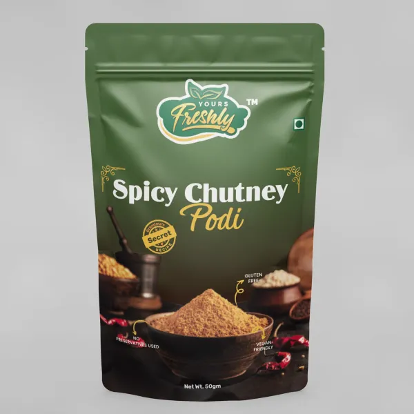 Yours Freshly Spicy Chutney Podi pouch — packaging design by Chachir