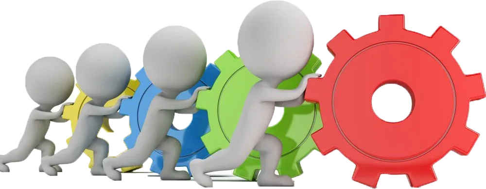 Figures pushing a row of colourful gears together