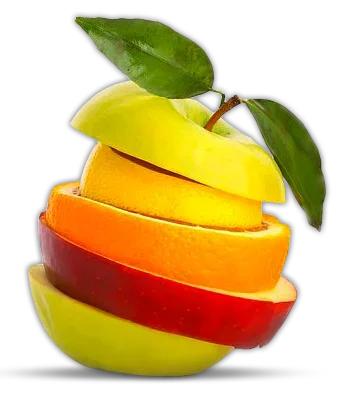 Stacked slices of different fruits forming one apple