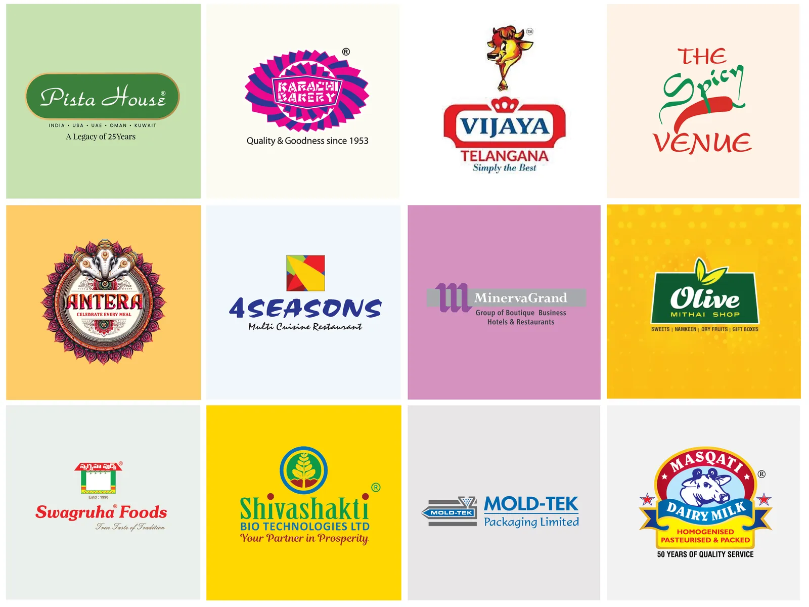 Client logos: Pista House, Karachi Bakery, Vijaya Telangana, The Spicy Venue, Antera, 4 Seasons, Minerva Grand, Olive Mithai Shop, Swagruha Foods, Shivashakti Bio Technologies, Mold-Tek Packaging and Masqati Dairy Milk