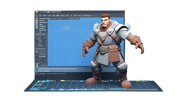 3D character standing in front of a software development screen